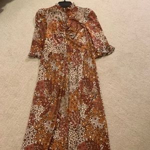 SEA NY midi brown polka dot dress with ruffled hem and sleeves and rouched chest